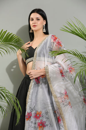 Black Raw Silk Lehenga Set With Hand Painted Dupatta image 7