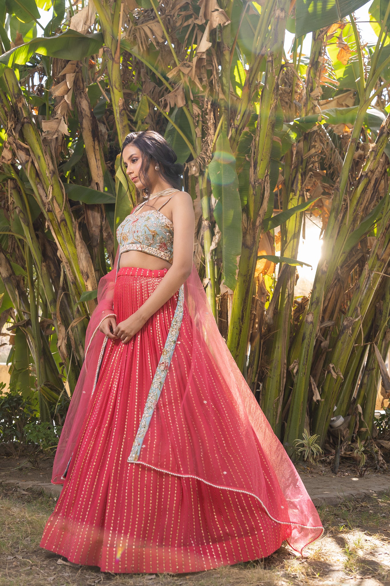 Coral Floral Georgette &amp; Net Embroidered Lehenga Set image 7