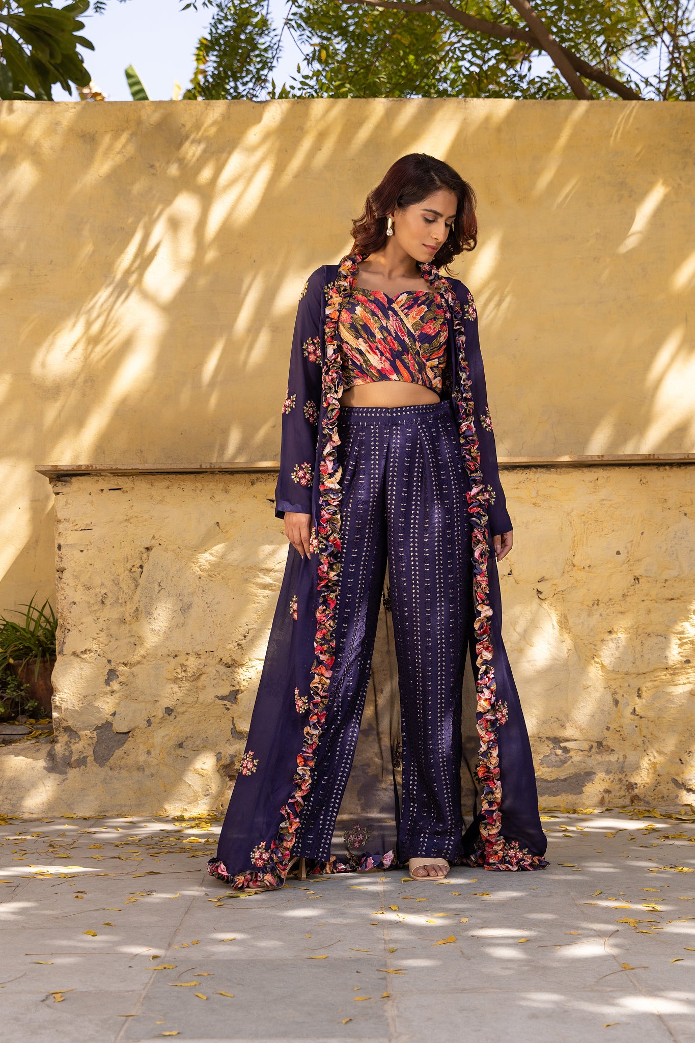 Purple Georgette Embroidered Jacket Set - M image
