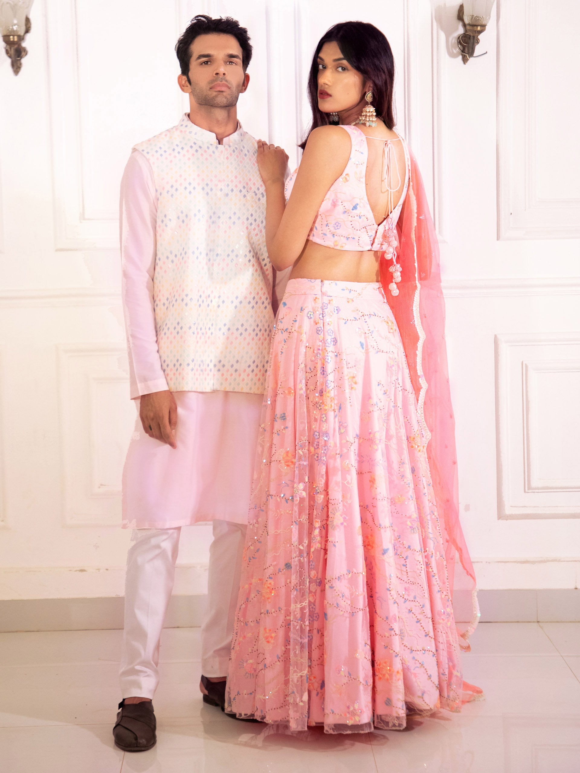 Baby Pink Kurta Set With Multi Sequins Bundi image 2