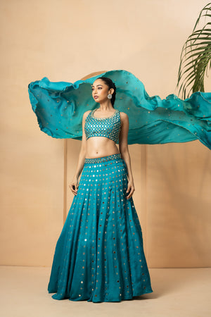 Turquoise Mirror and Pearl Embellished Lehenga image 2