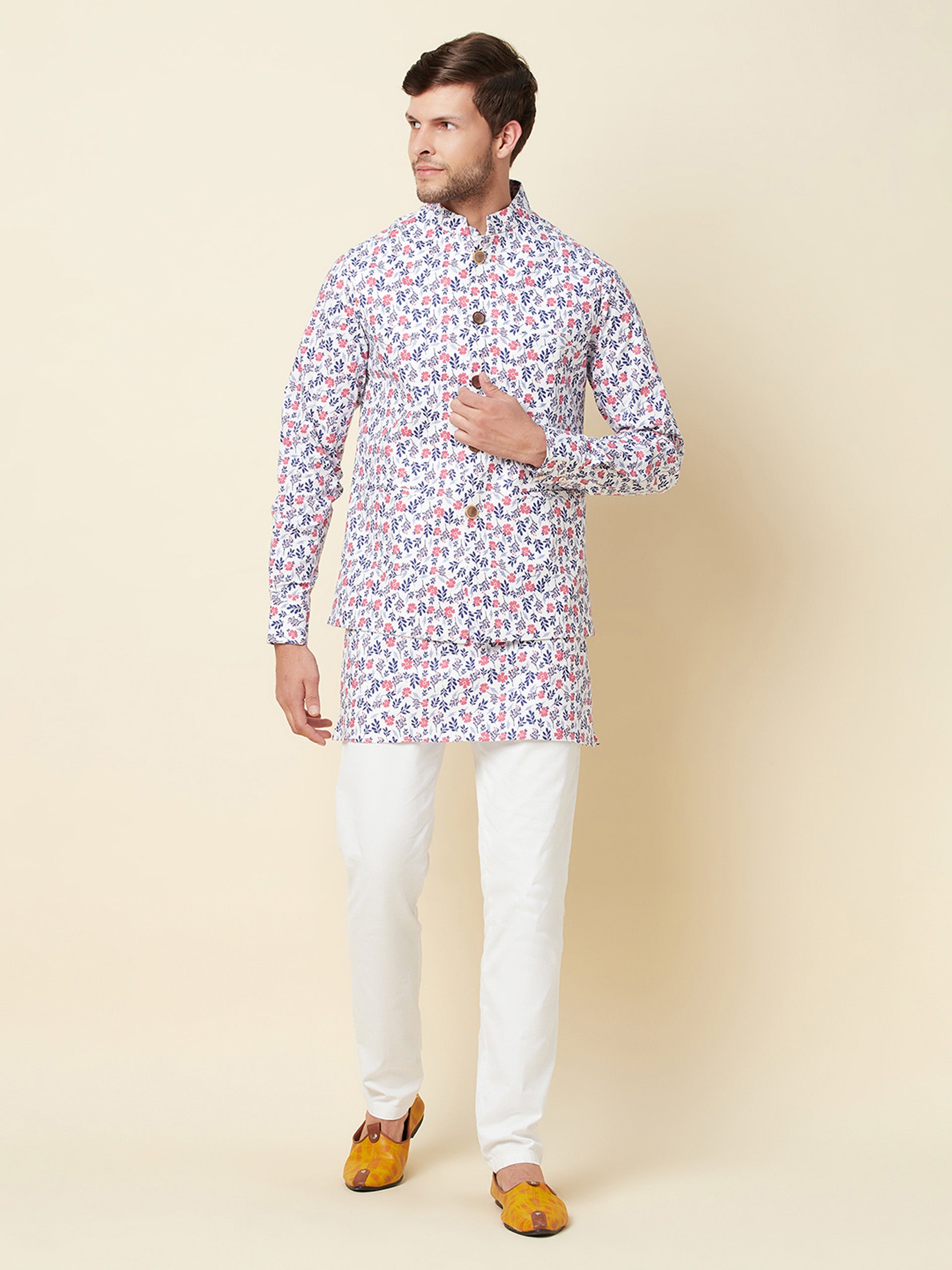 White Floral Print Jacket with Kurta Set - L image