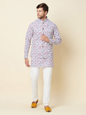 White Floral Print Jacket with Kurta Set - L image