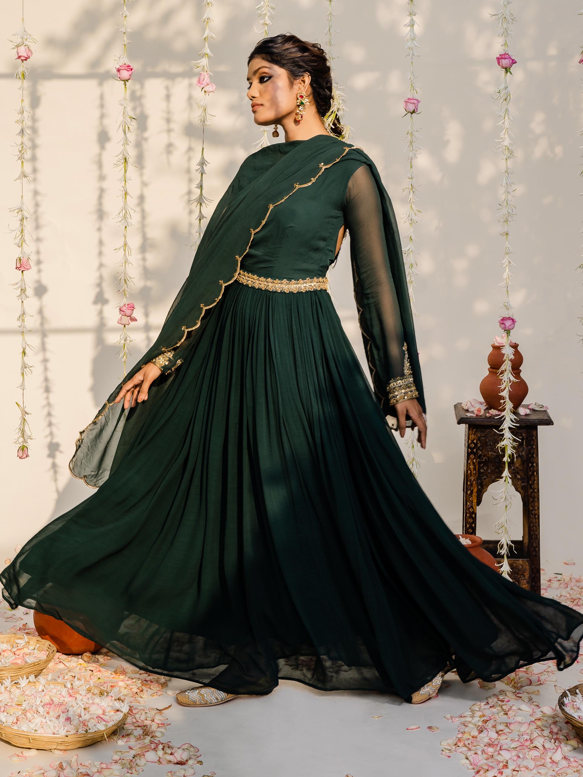 Bottle Green Anarkali Set with Belt - S image