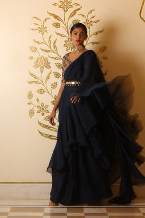 Prussian Blue Organza Ruffle Saree Set - L image