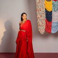 Red Embroidered Drape Saree Set image 0