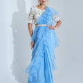 Pre Drape Light Blue Saree Set image 0