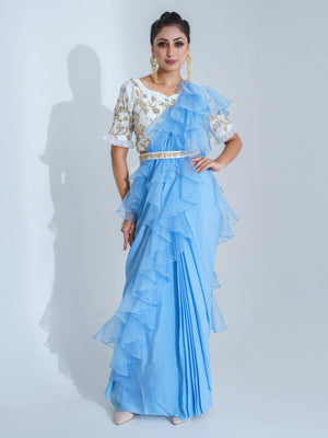 Pre Drape Light Blue Saree Set image 0