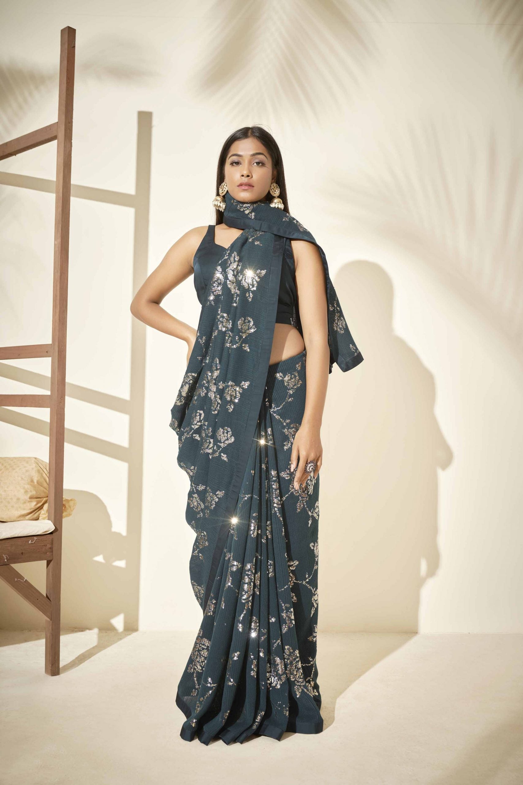 Teal Sequins Saree - S image