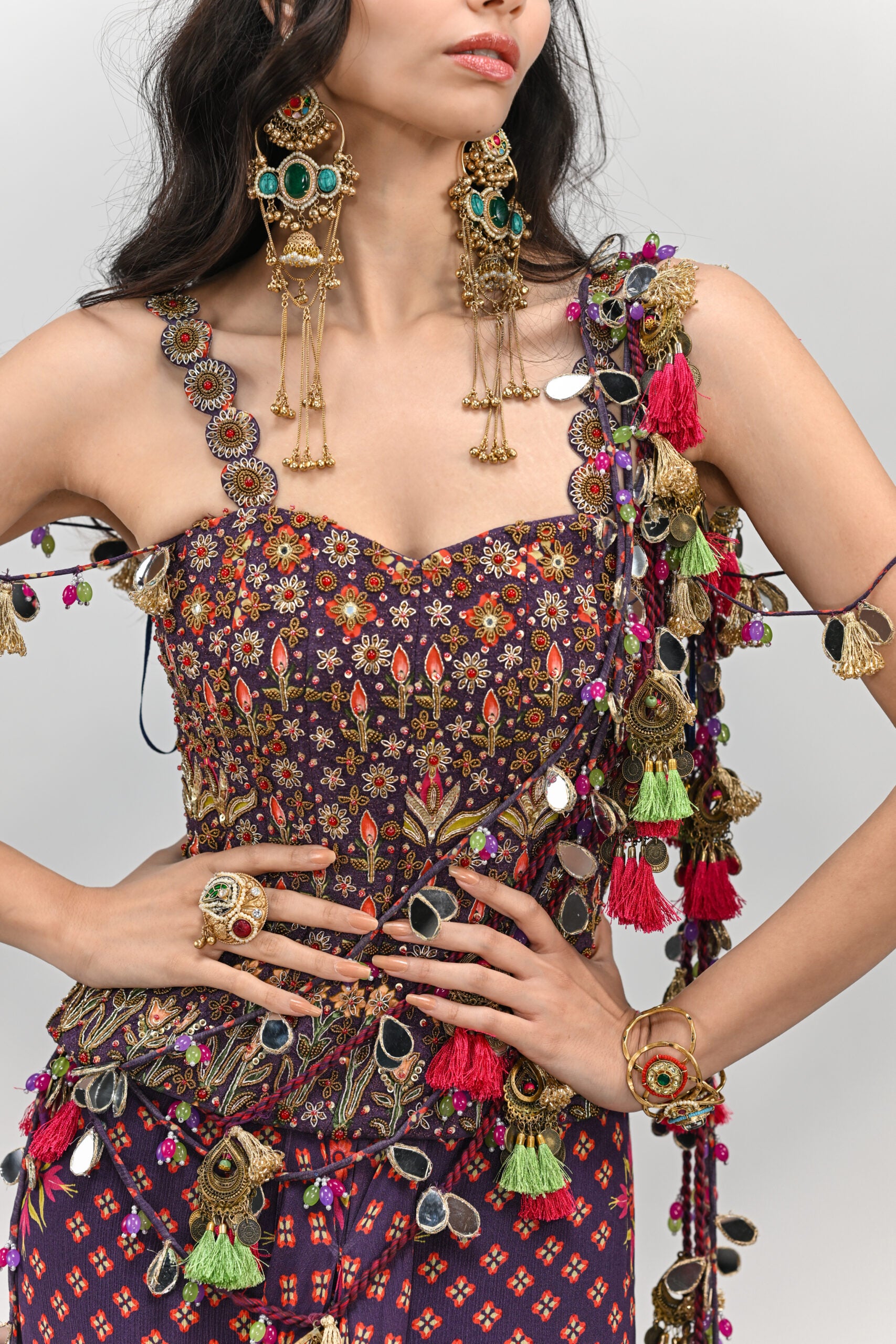 PLUM PRESTITCHED TASSEL SAREE PAIRED WITH BADLA EMBROIDERED PLUM CORSET image 1
