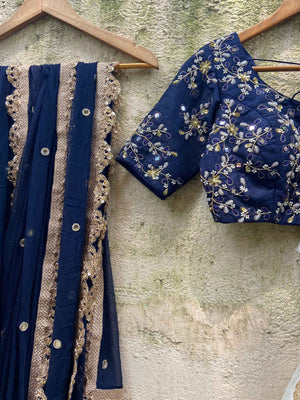 Navy Blue and Ivory Zari Lehenga Set image 4