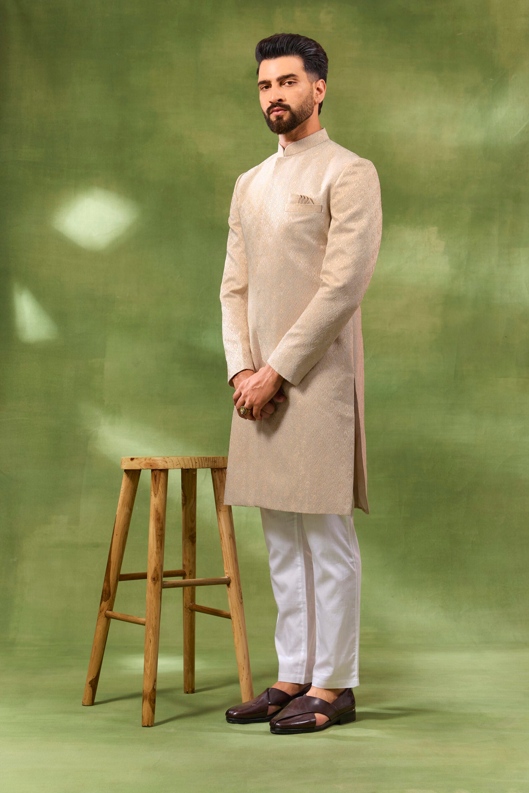 Cream Jacquard Embroidered Sherwani Set - Custom image