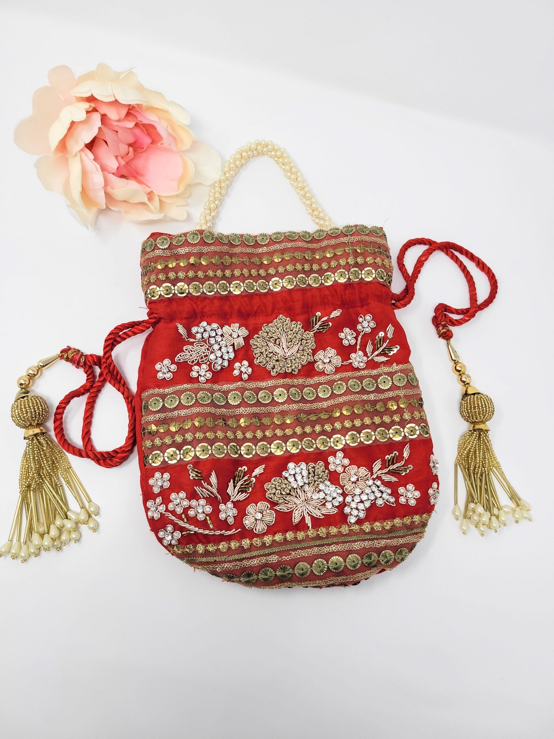 Red Potli Bag with Gold Pearl Tassels image 1