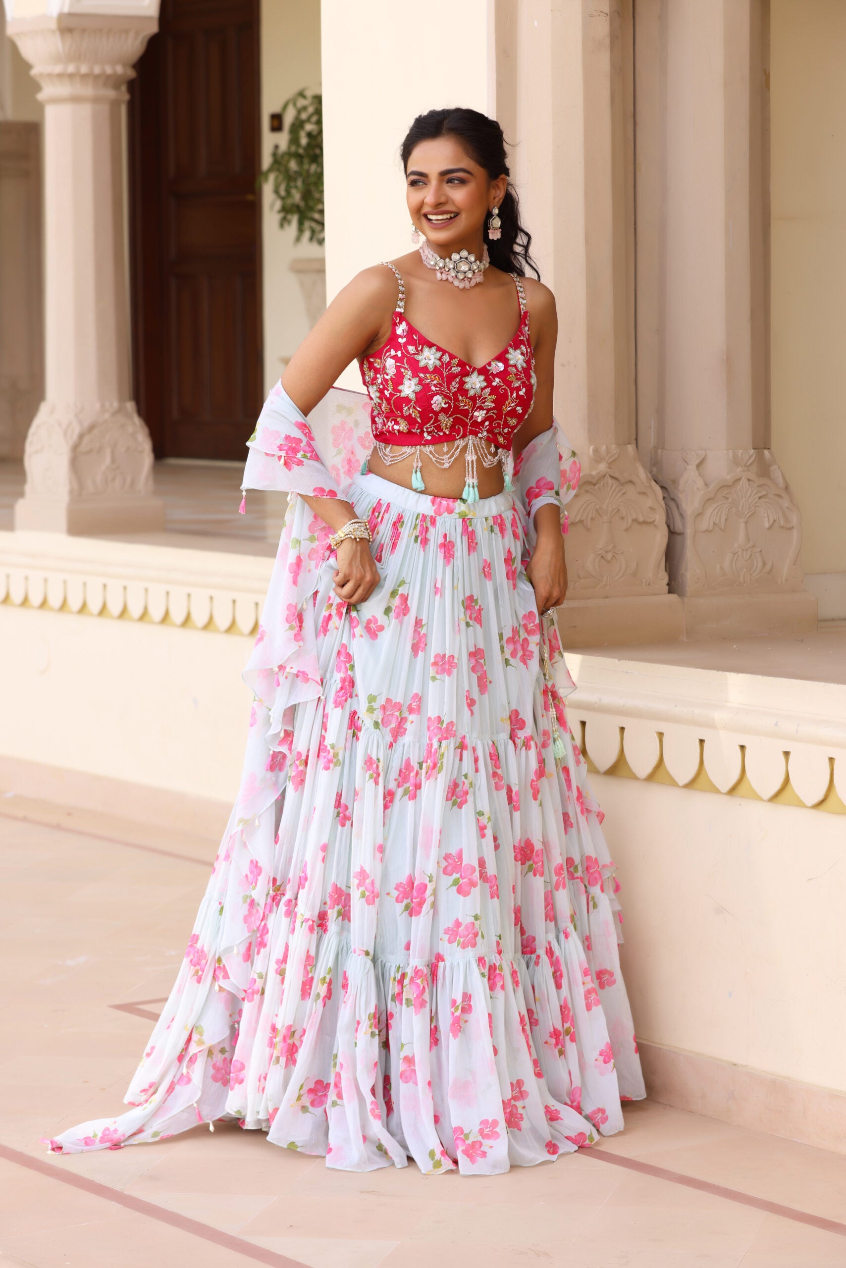 Floral Printed Three Tier Lehenga image 3