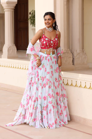 Floral Printed Three Tier Lehenga image 3