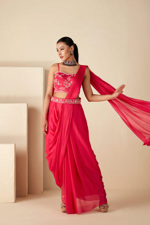 Pink Georgette Crepe Bustier Skirt Saree - Custom image
