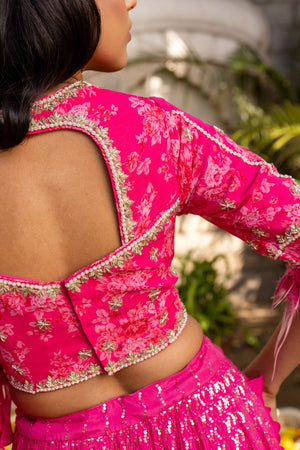 Pink Flair Sleeve Georgette Embroidered Lehenga Set image 5