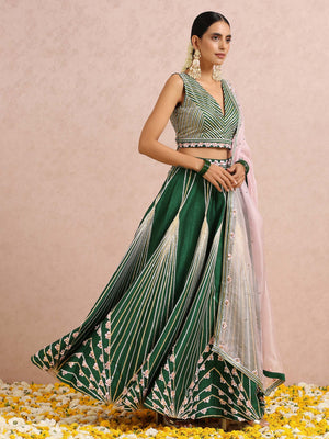 Green Embroidered Stripe Lehenga Set with Sleeveless Blouse image 8