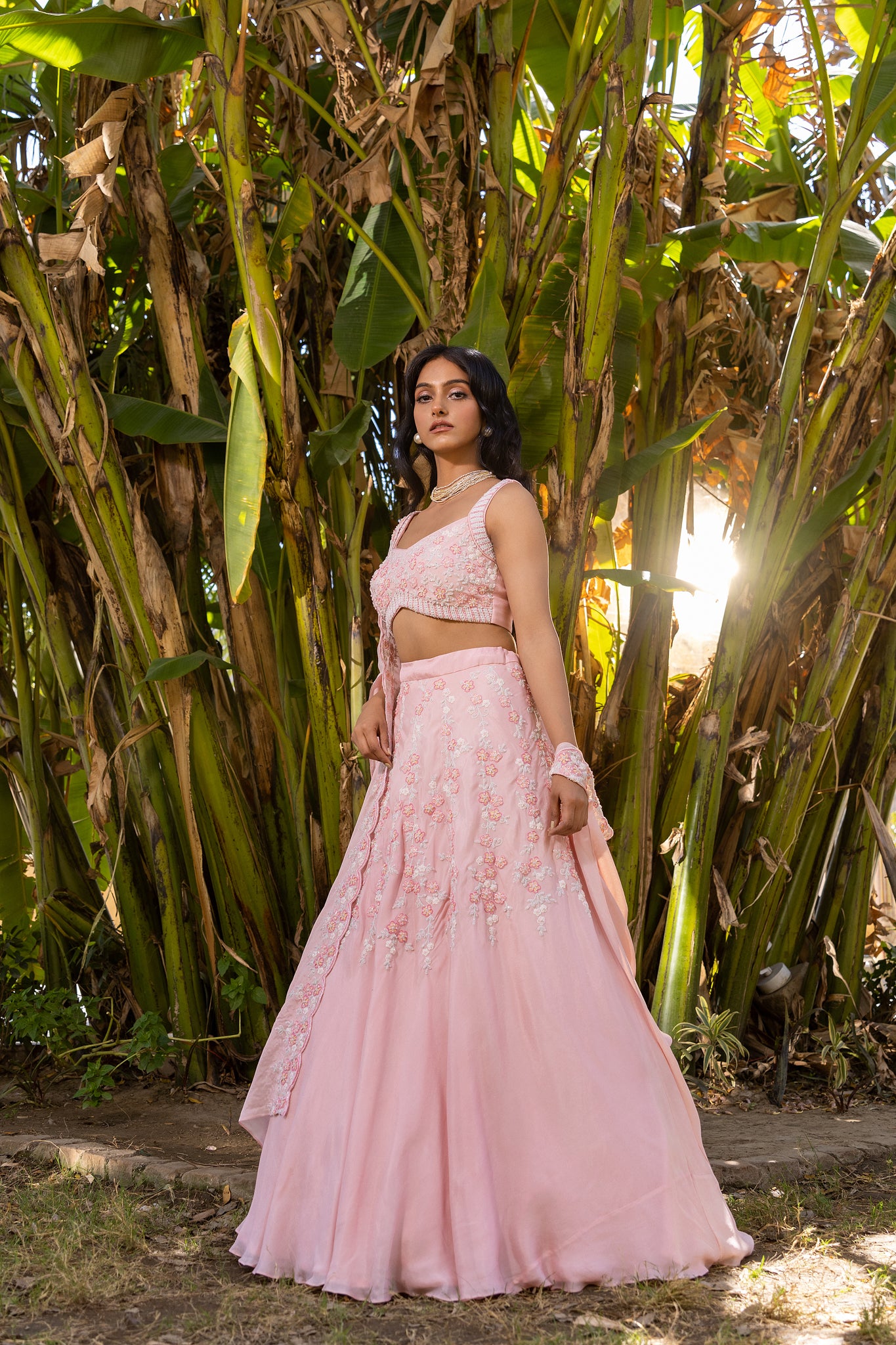 Pink Floral Georgette Embroidered Blouse Lehenga Set image 0