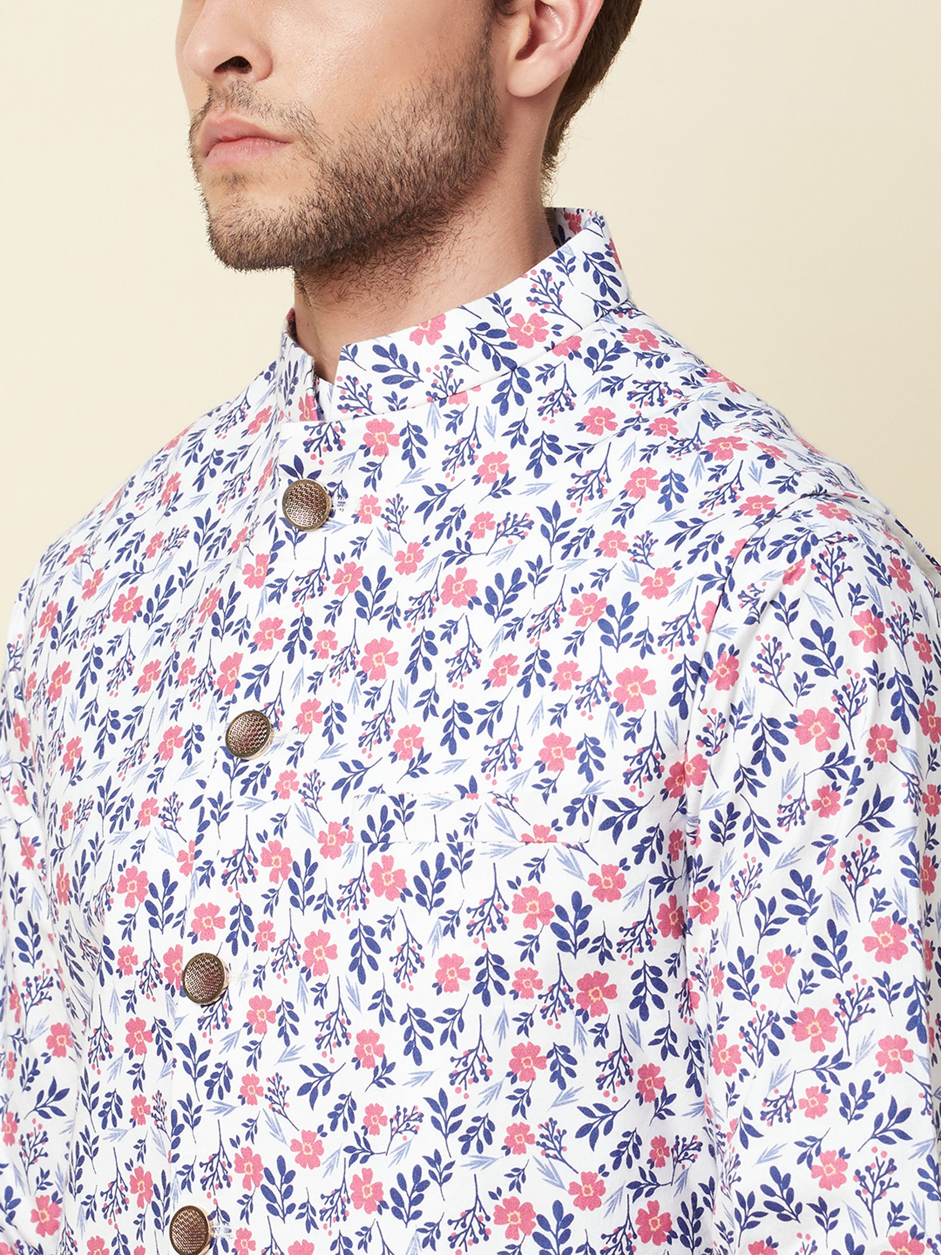 White Floral Print Jacket with Kurta Set image 1
