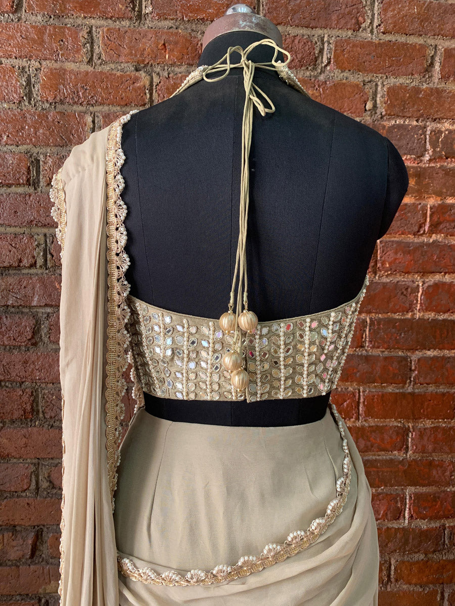 Beige Pre-stitched Saree With Mirror Blouse image 6