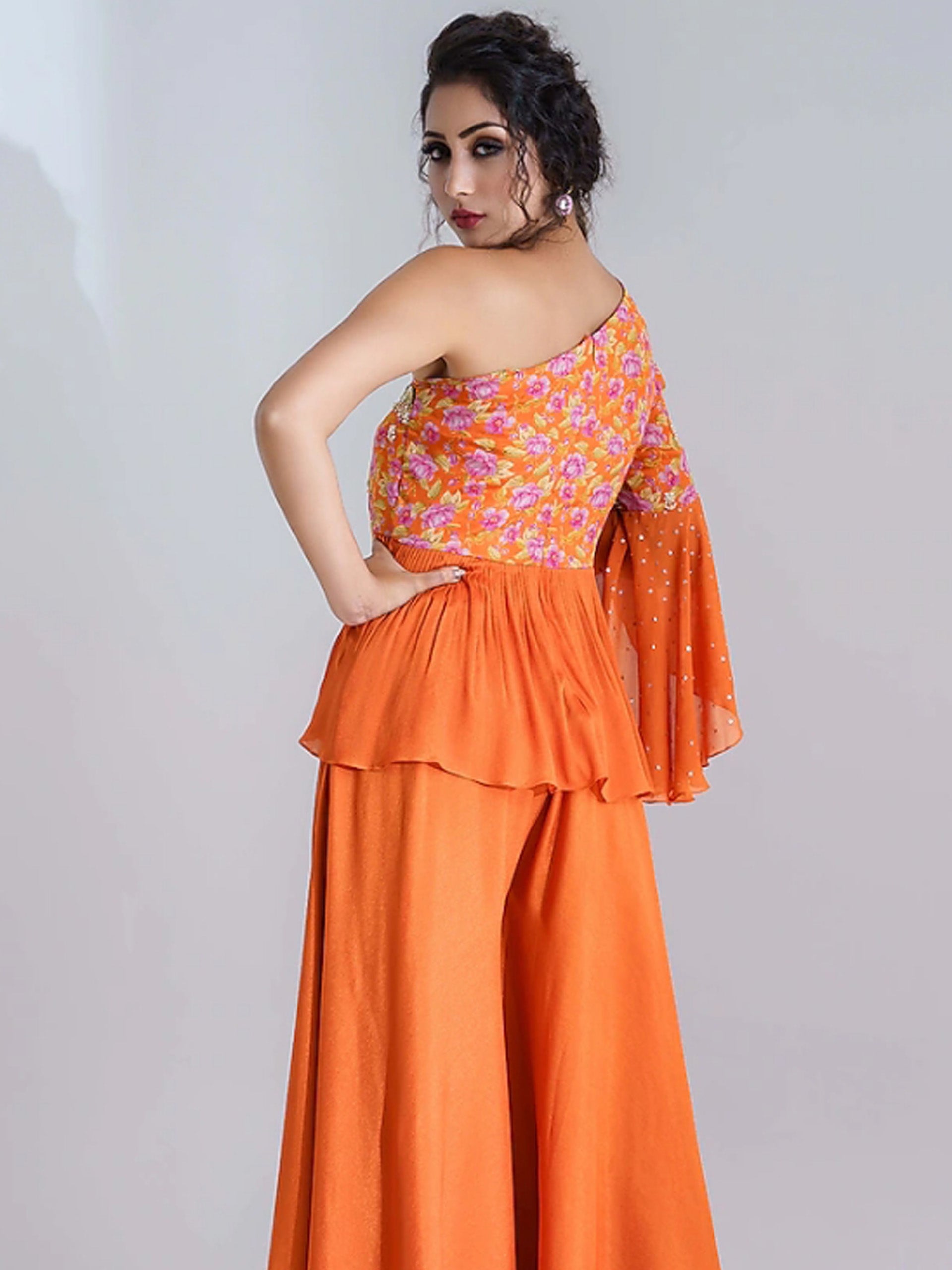 Orange Floral Flared Pant Set image 1
