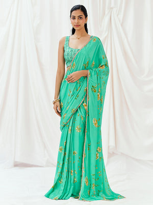 Turquoise Printed Embroidered Drape Saree Set - L image