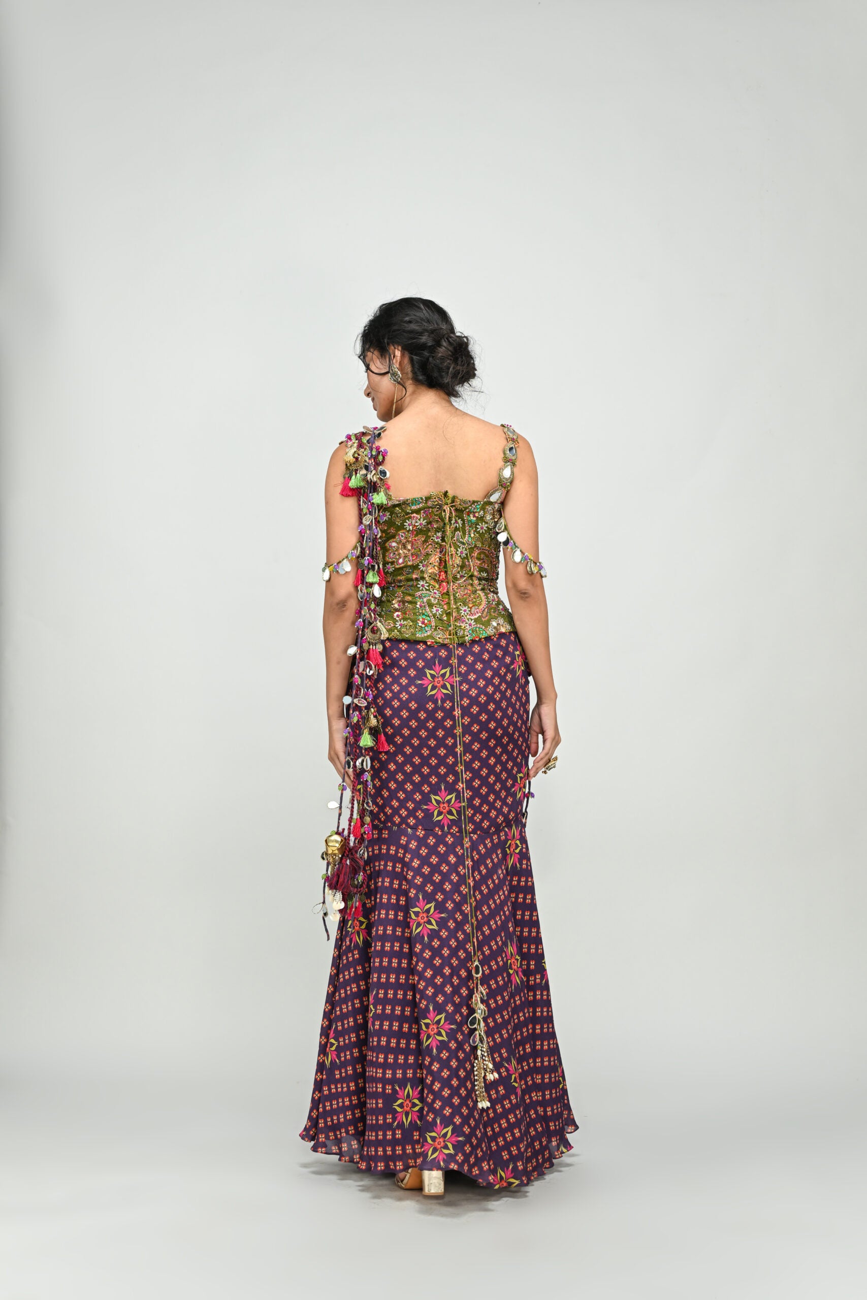 Plum Pre Stitched Tassel Saree Paired with Badla Embroidered Green Corset image 2