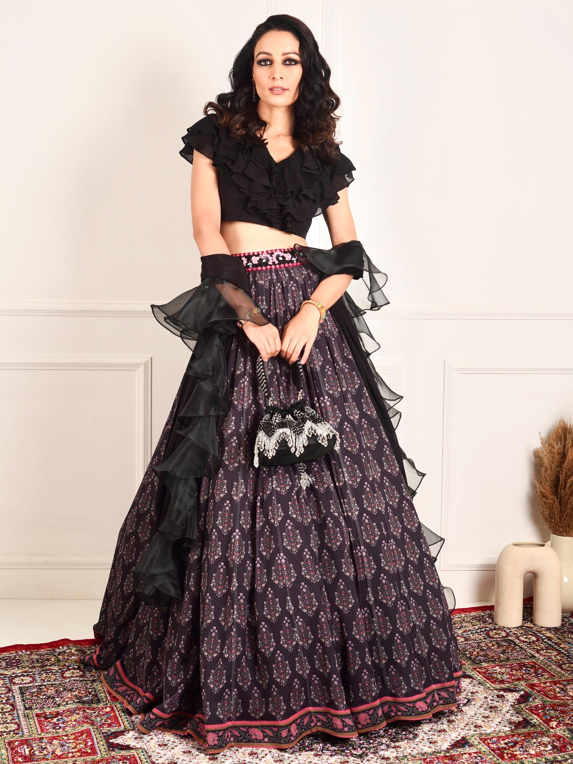 Black Imaara Printed Lehenga Set image 0