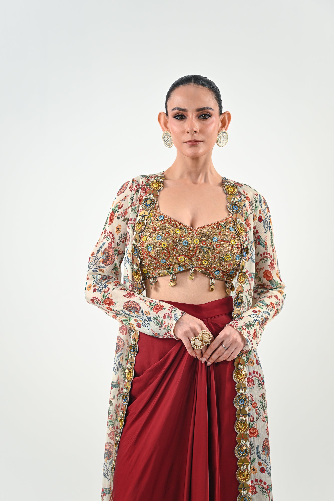 IB DHOTI SET PAIRED WITH EMBROIDERED BRALLETE AND JACKET image 3