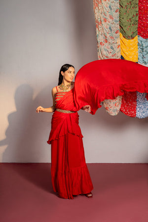 Red Embroidered Drape Saree Set image 2