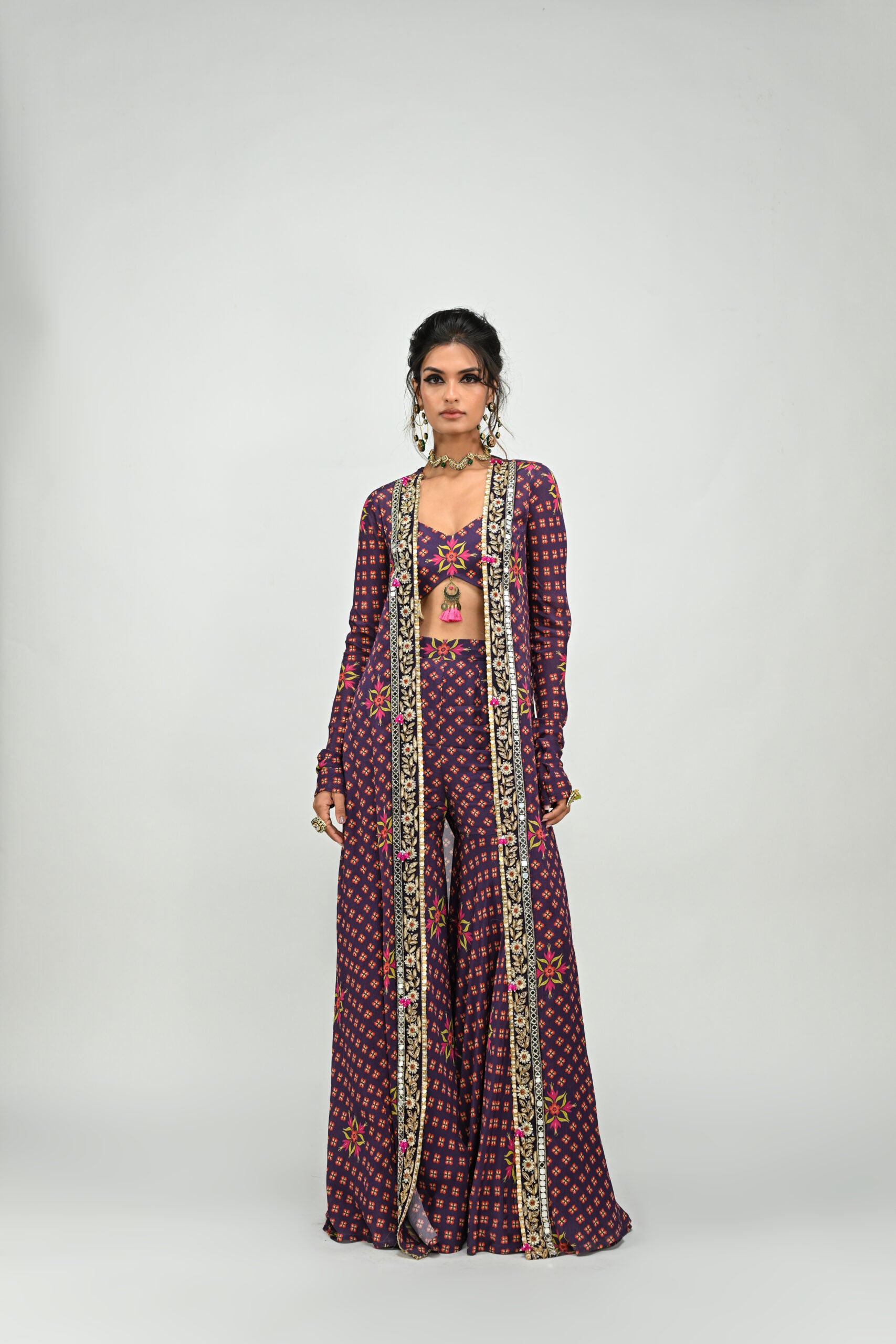 Plum Highlighted Sharara and Long Jacket Set image 0