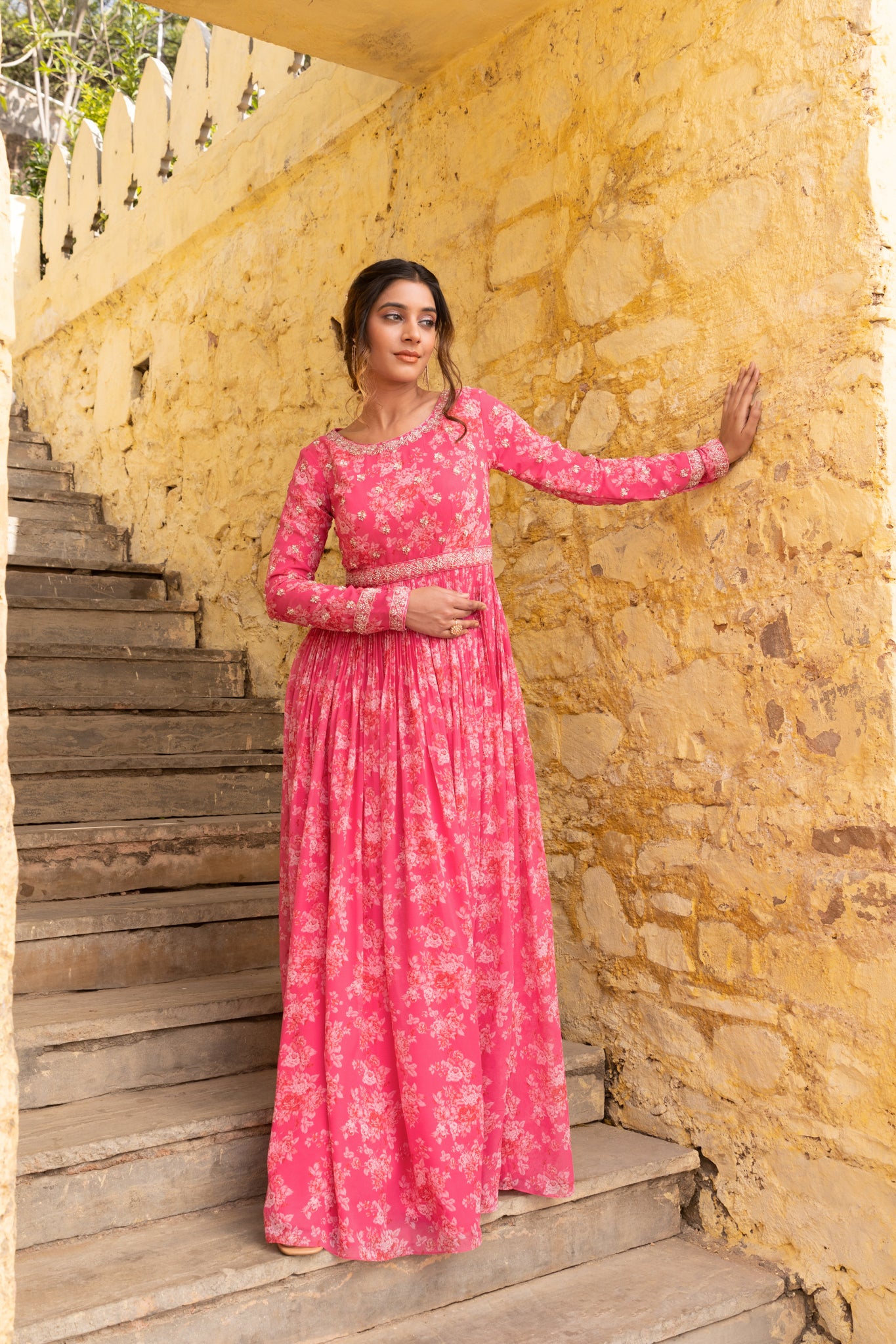 Fuchsia Pink Embroidered Yoke Anarkali Set image 3