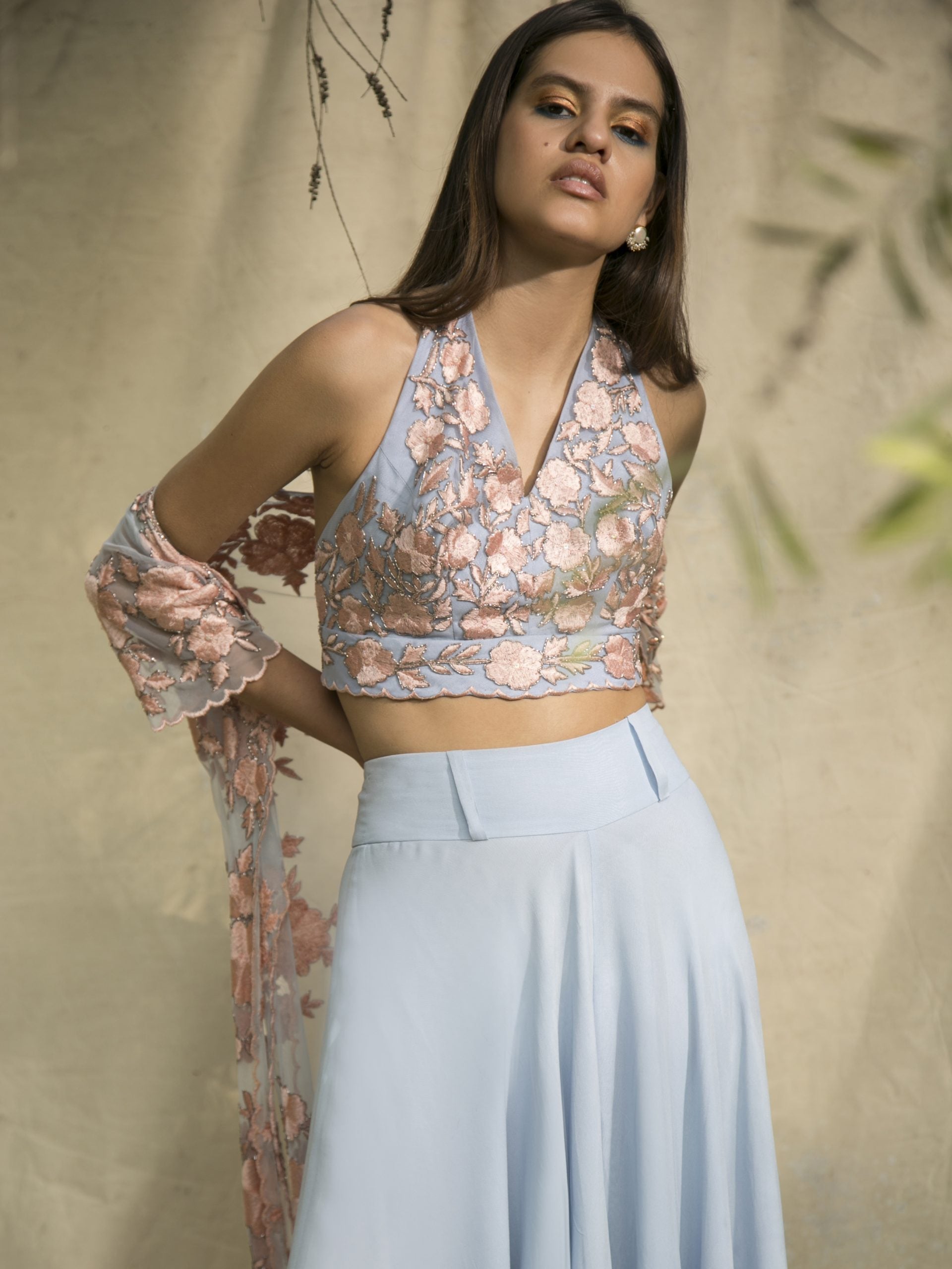 Pastel Blue Embroidered Jacket with Blouse and Palazzo Pants image 2