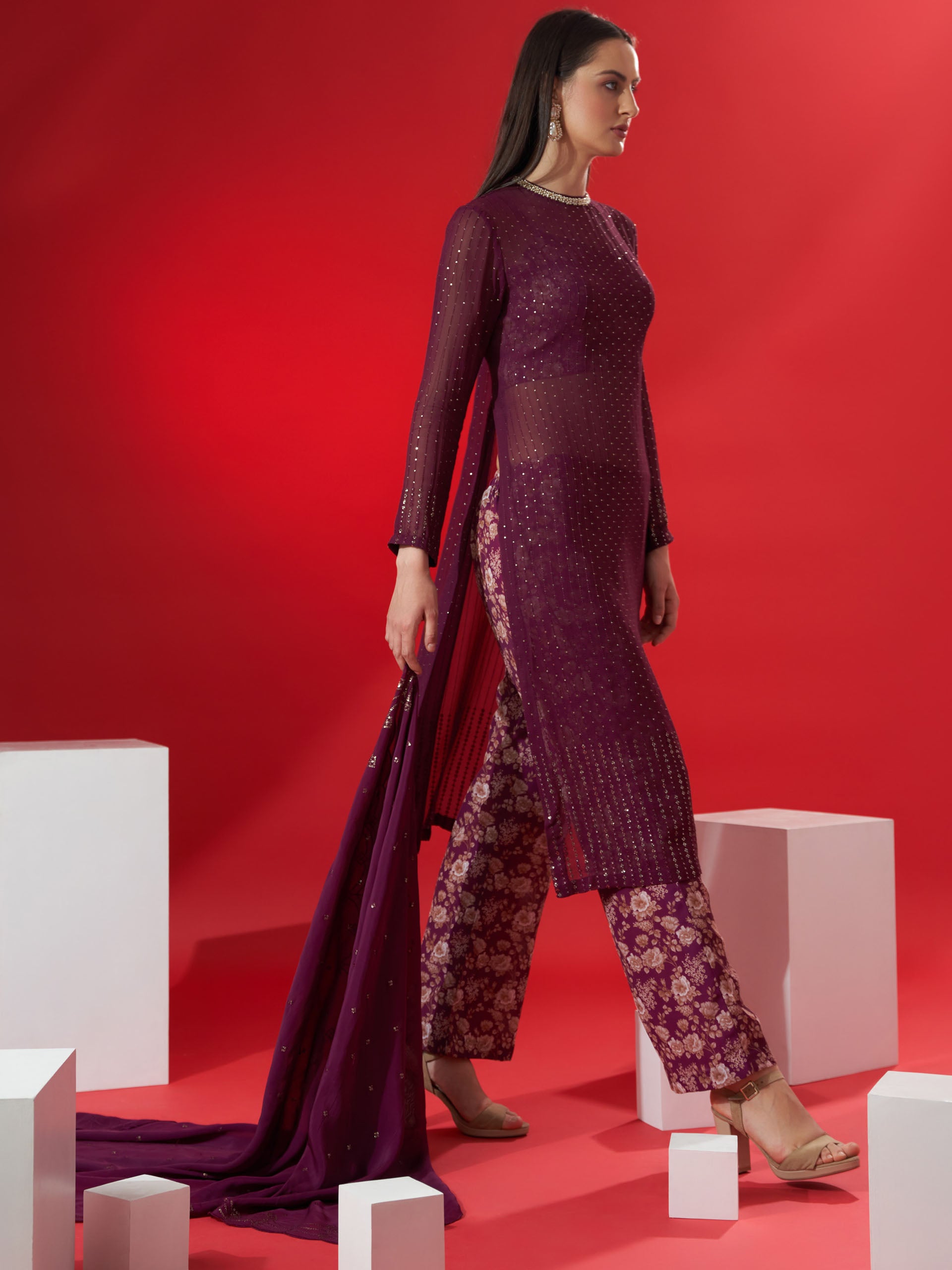 Wine Floral Sequin Suit Set image 3