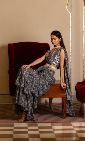 Blue Printed Skirt Saree Set with Belt image 3