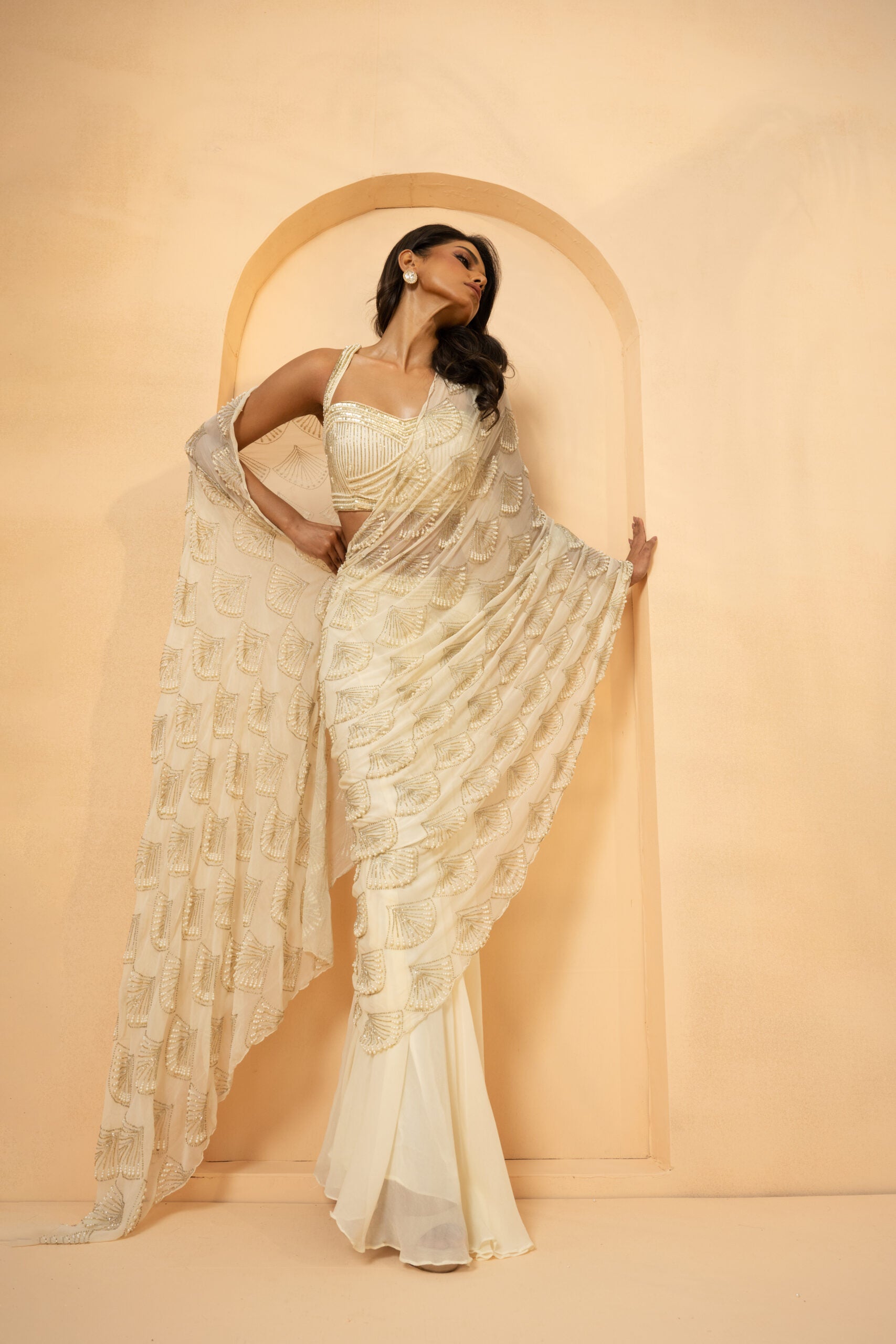 Ivory Sequin Drape Saree image 3