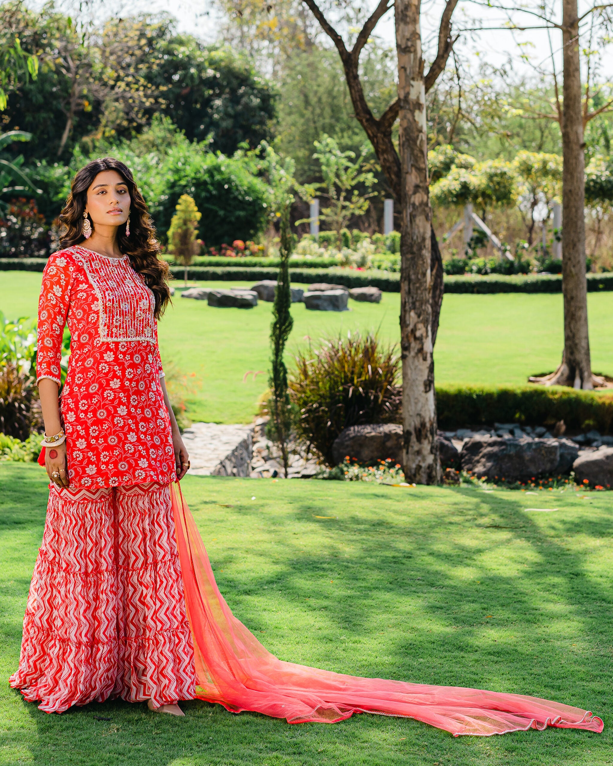 Cherry Red Floral Printed Sharara Set - L image
