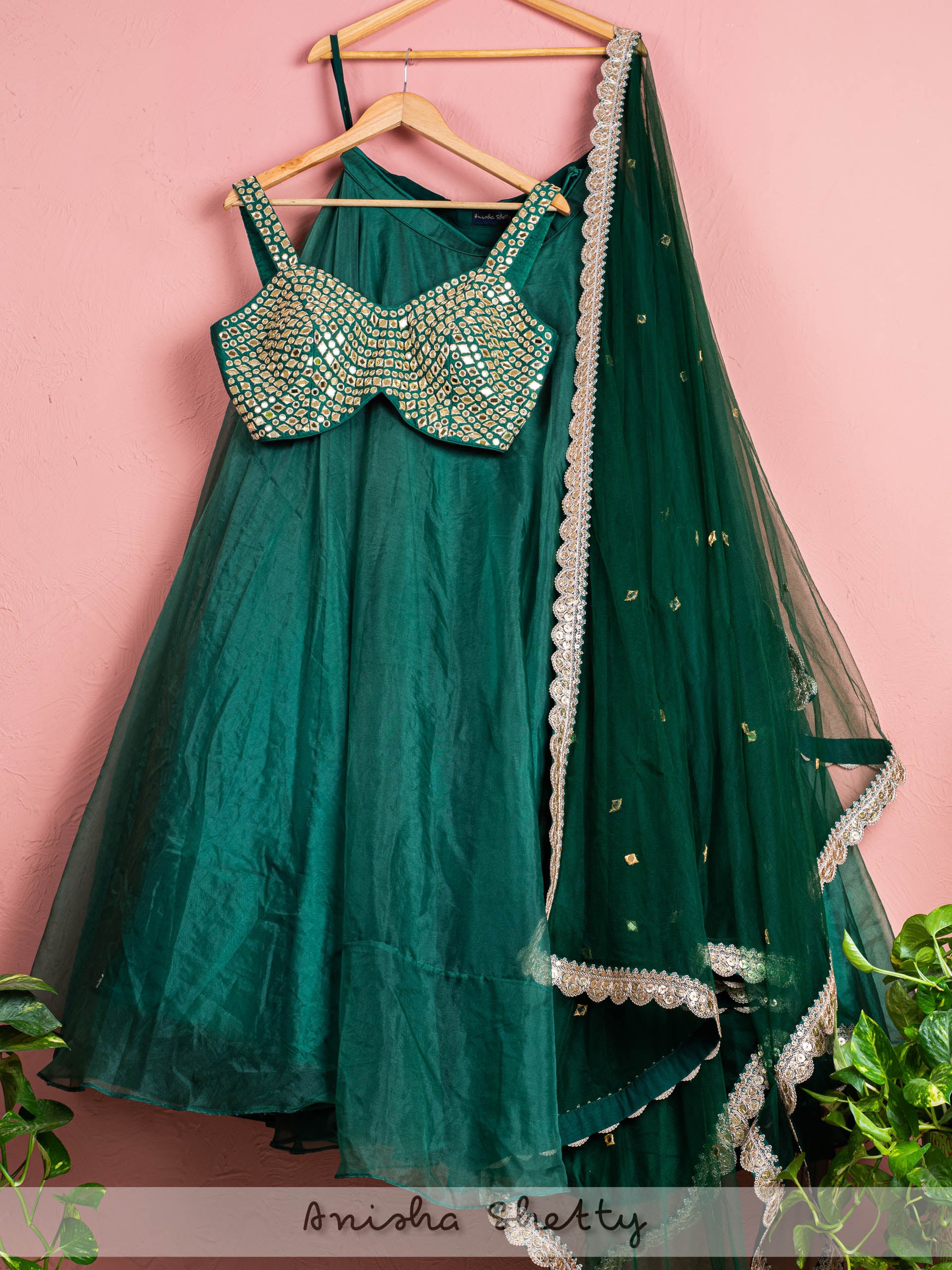 Forest Green Mirror Organza Lehenga Set image 0