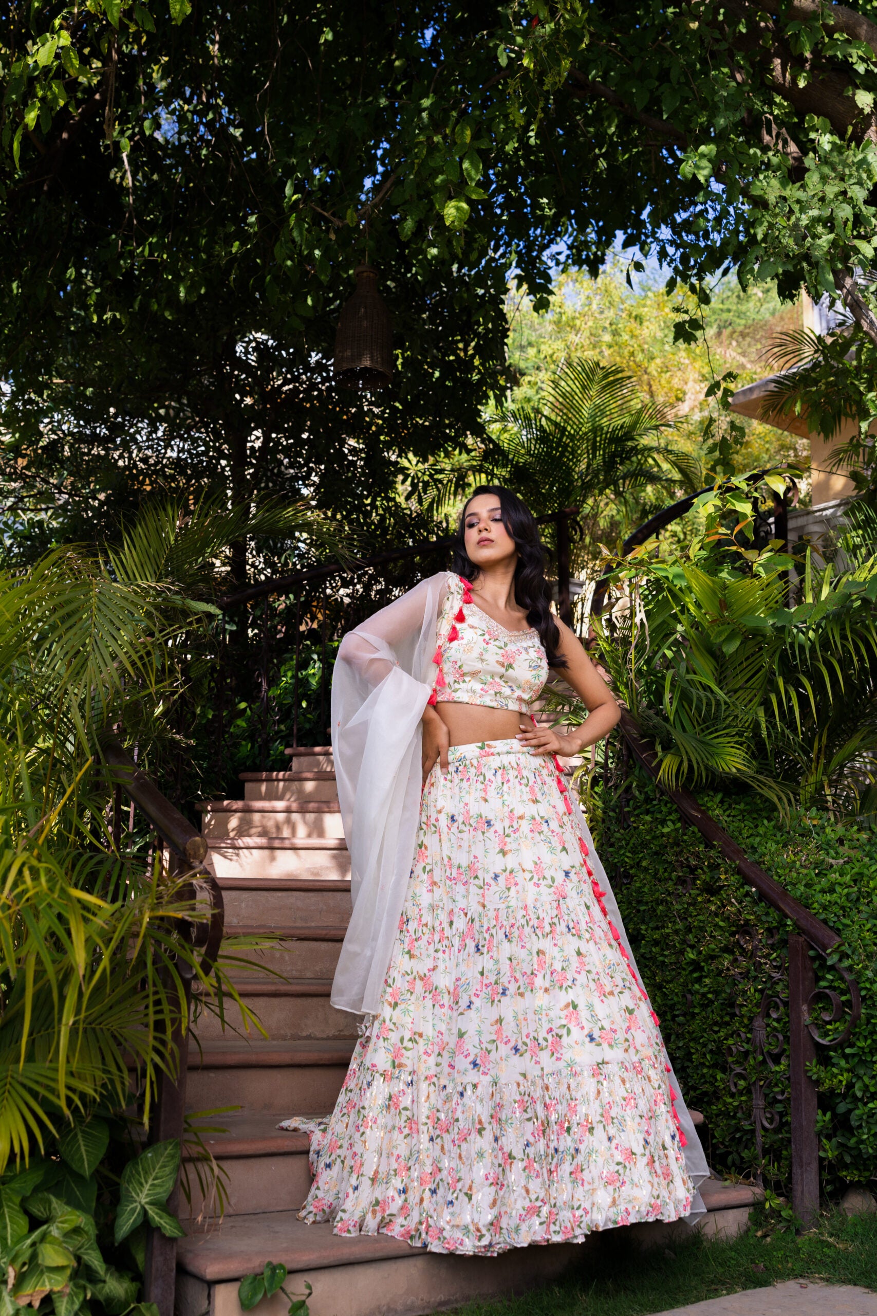 Off-White Floral Georgette Crepe Embroidered Tiered Lehenga Set image 2