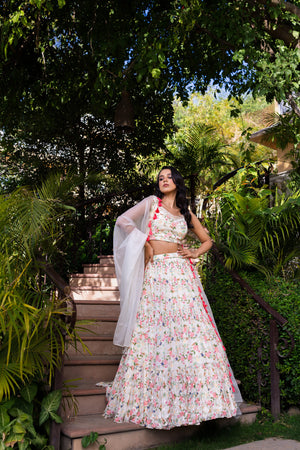 Off-White Floral Georgette Crepe Embroidered Tiered Lehenga Set image 2