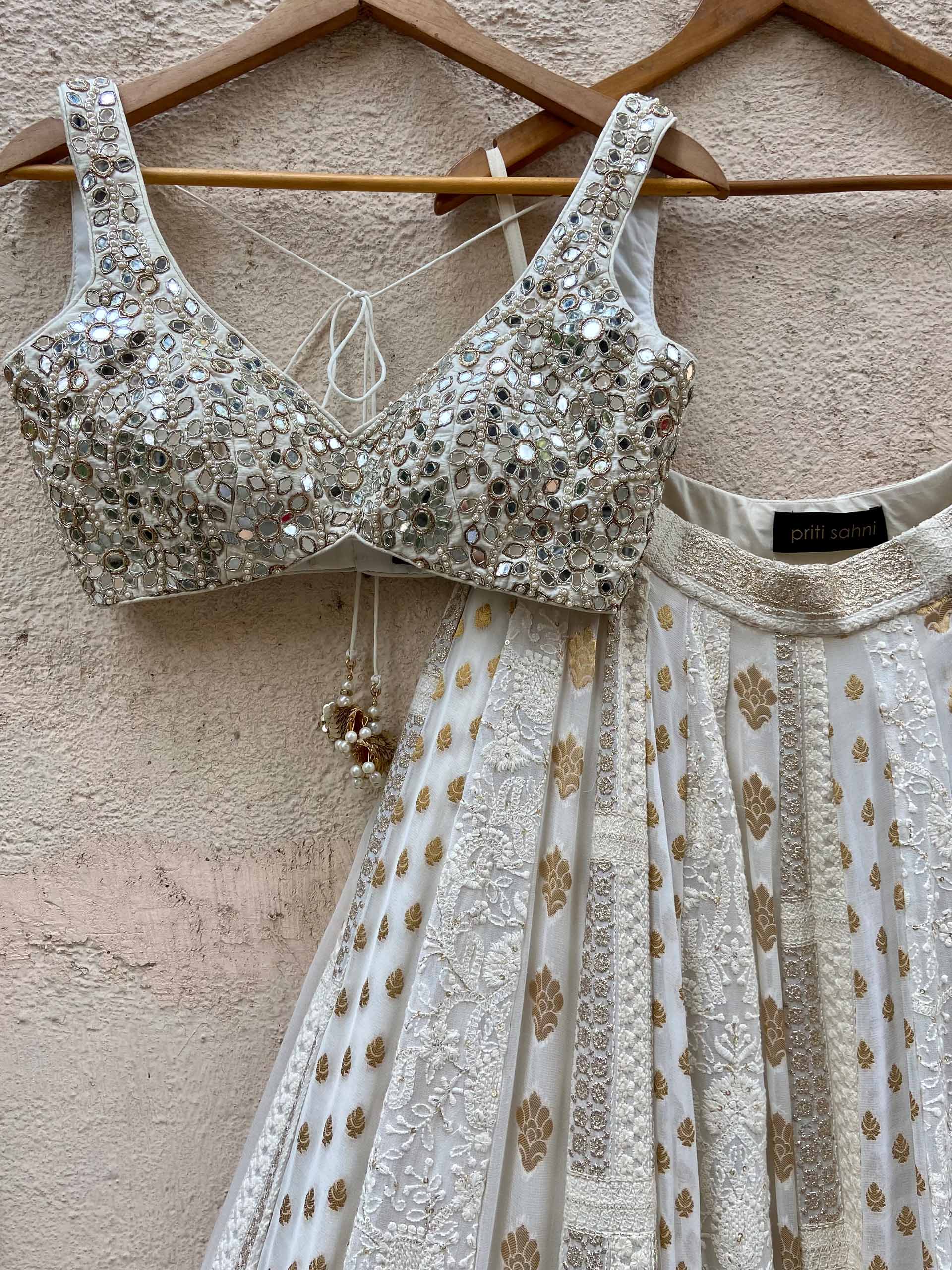 Ivory Multipanel Embroidered Lehenga Set With Mirror Blouse image 4