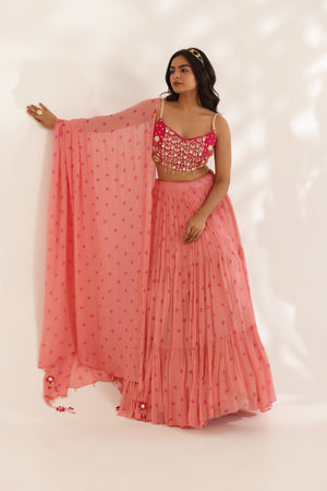 Coral Peach Bandhani Three Tier Lehenga image 4