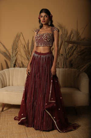 Burgundy Hand Embroidered Lehenga Set - L image
