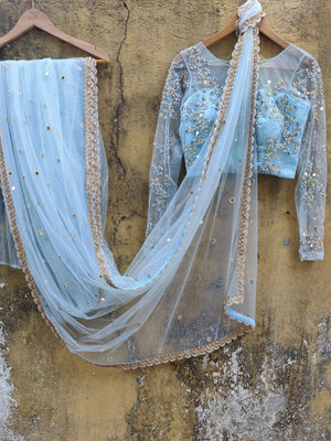 Sky Blue Mirror Work Saree with Resham Work Blouse - L image