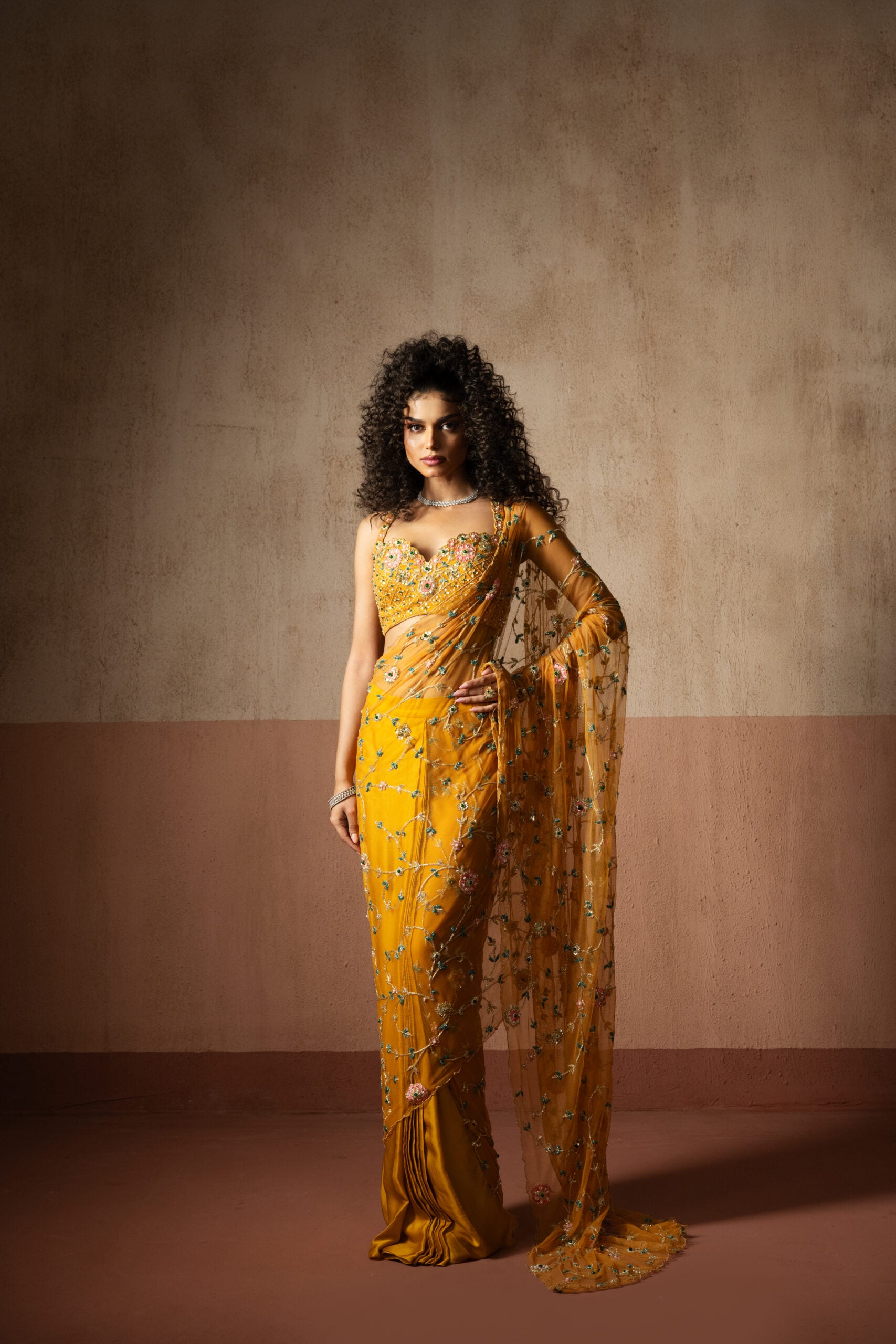Pre Draped Mustard Yellow  Hand Embroidered Net & Georgette Saree - XL image