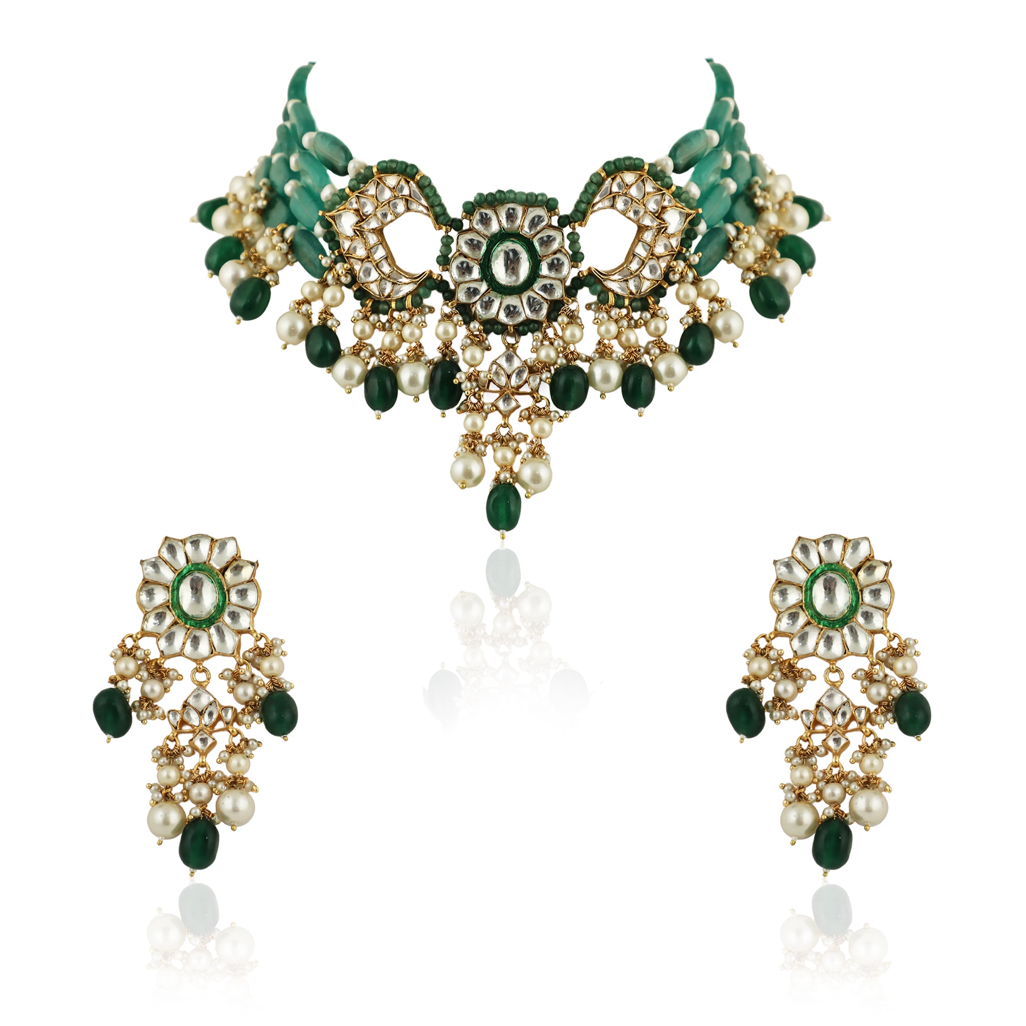 22KT Gold Plated Green Choker Necklace Set image 1
