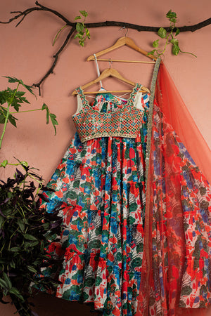 Floral Fiesta Layered Lehenga with Kalidescope Mirrorwork Blouse Set - XL image