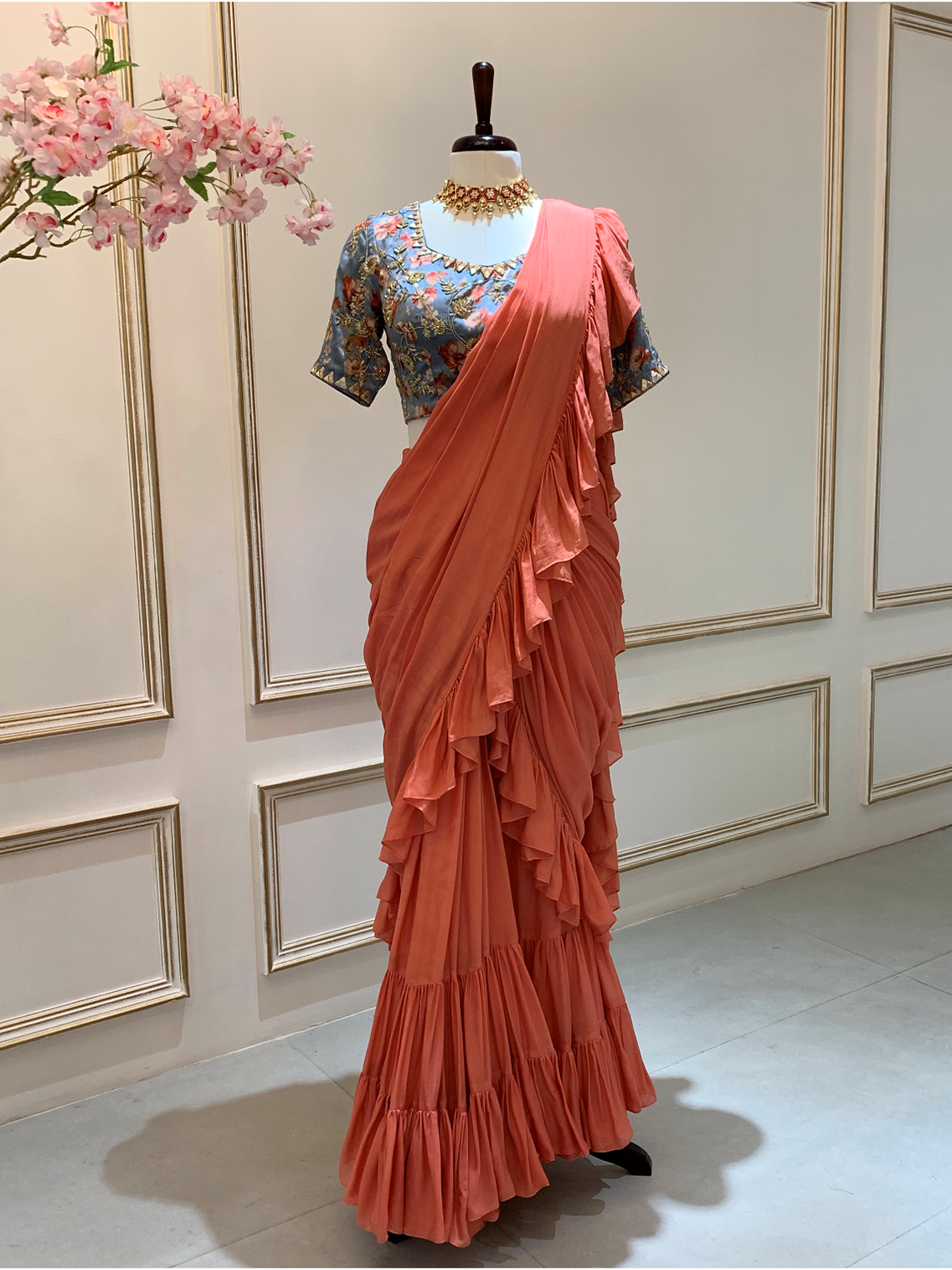 Coral Ruffle Saree With Blue Blouse - L image