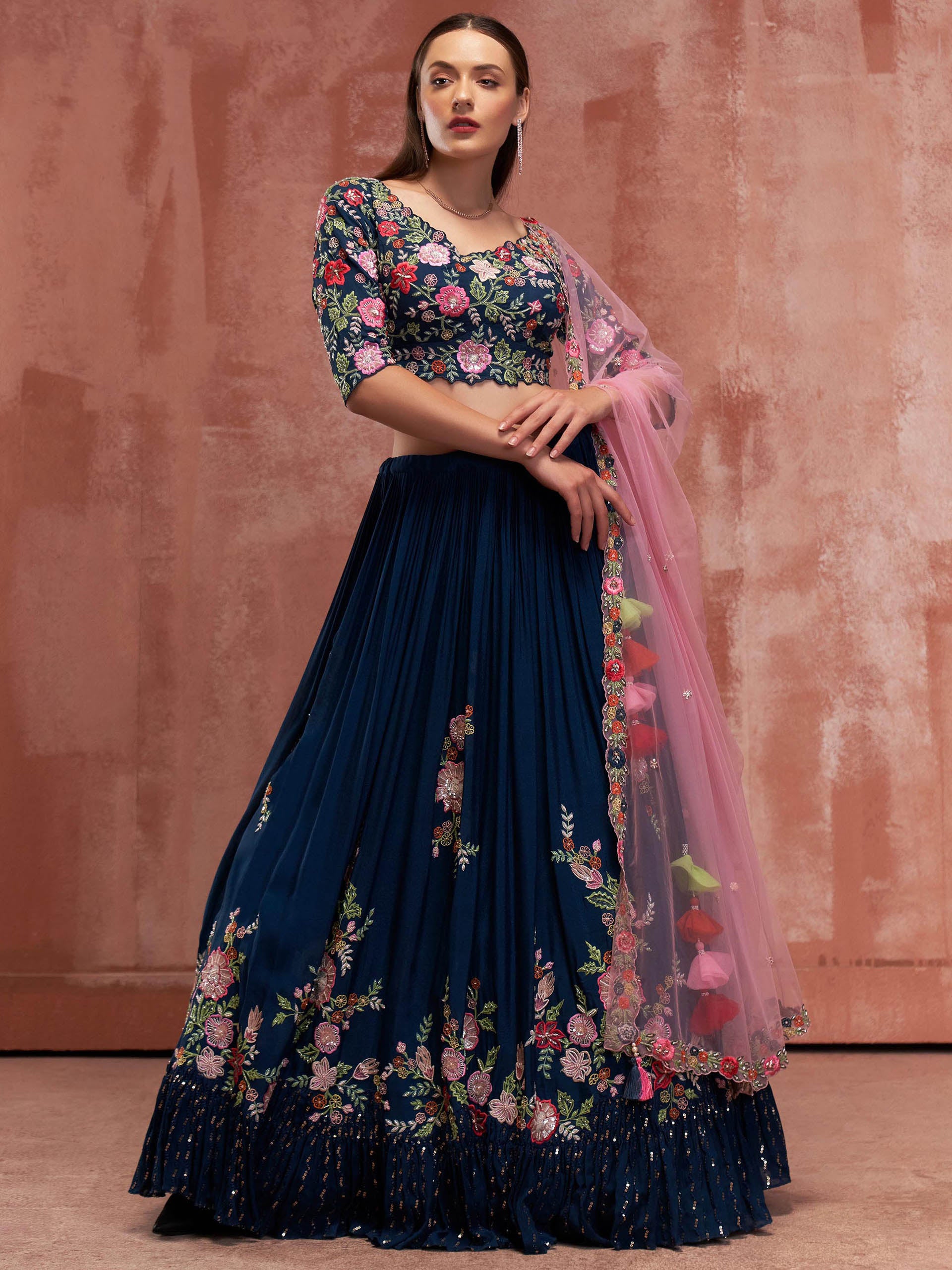 Peacock Blue Floral Lehenga Set - L image